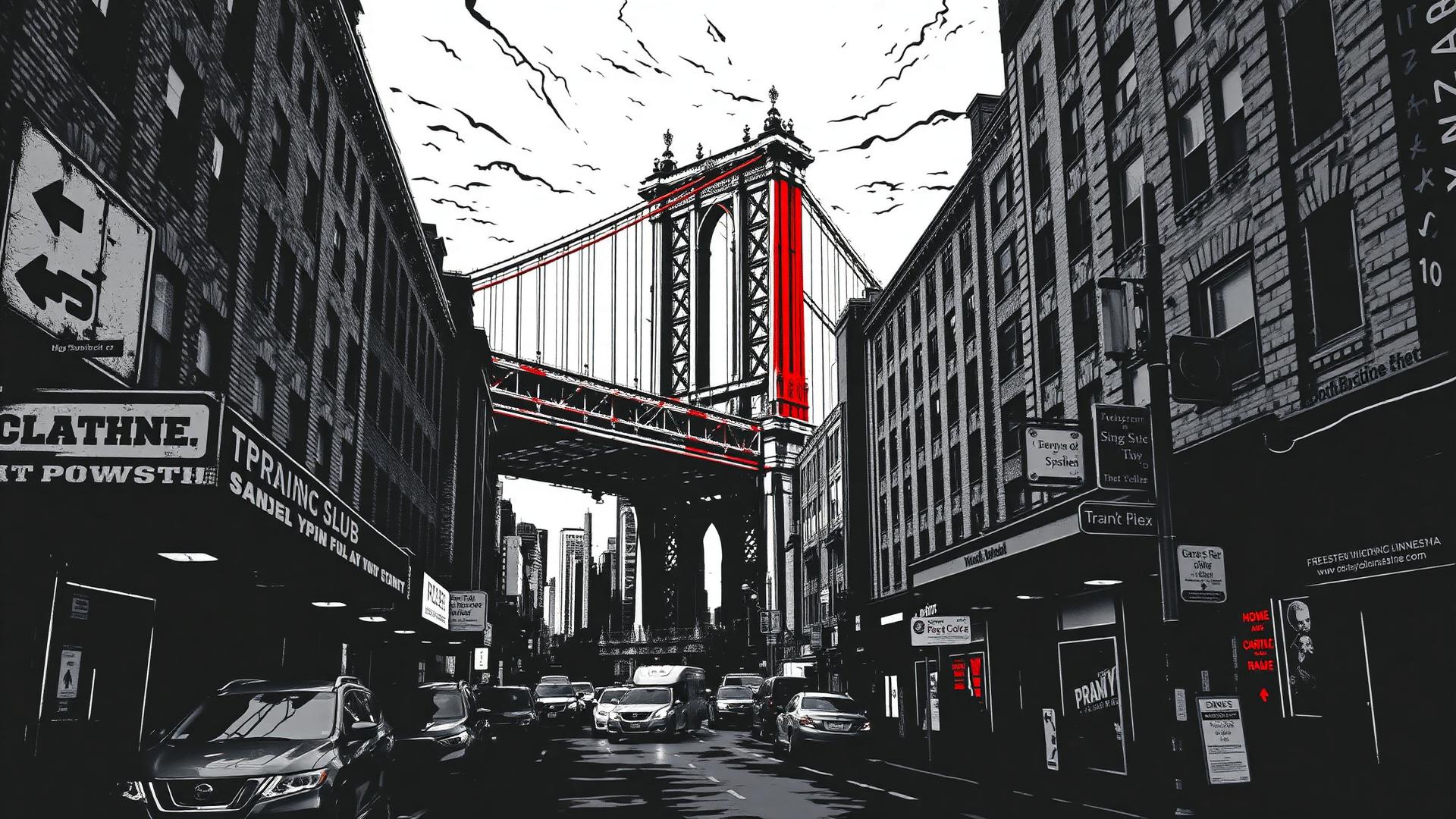 Gritty New York street scene with the Manhattan Bridge